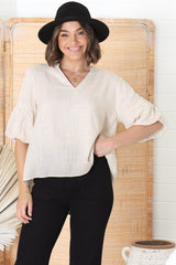 Melly Top - Cotton Blend V Neck Smock Top with Flute Sleeves in Cream