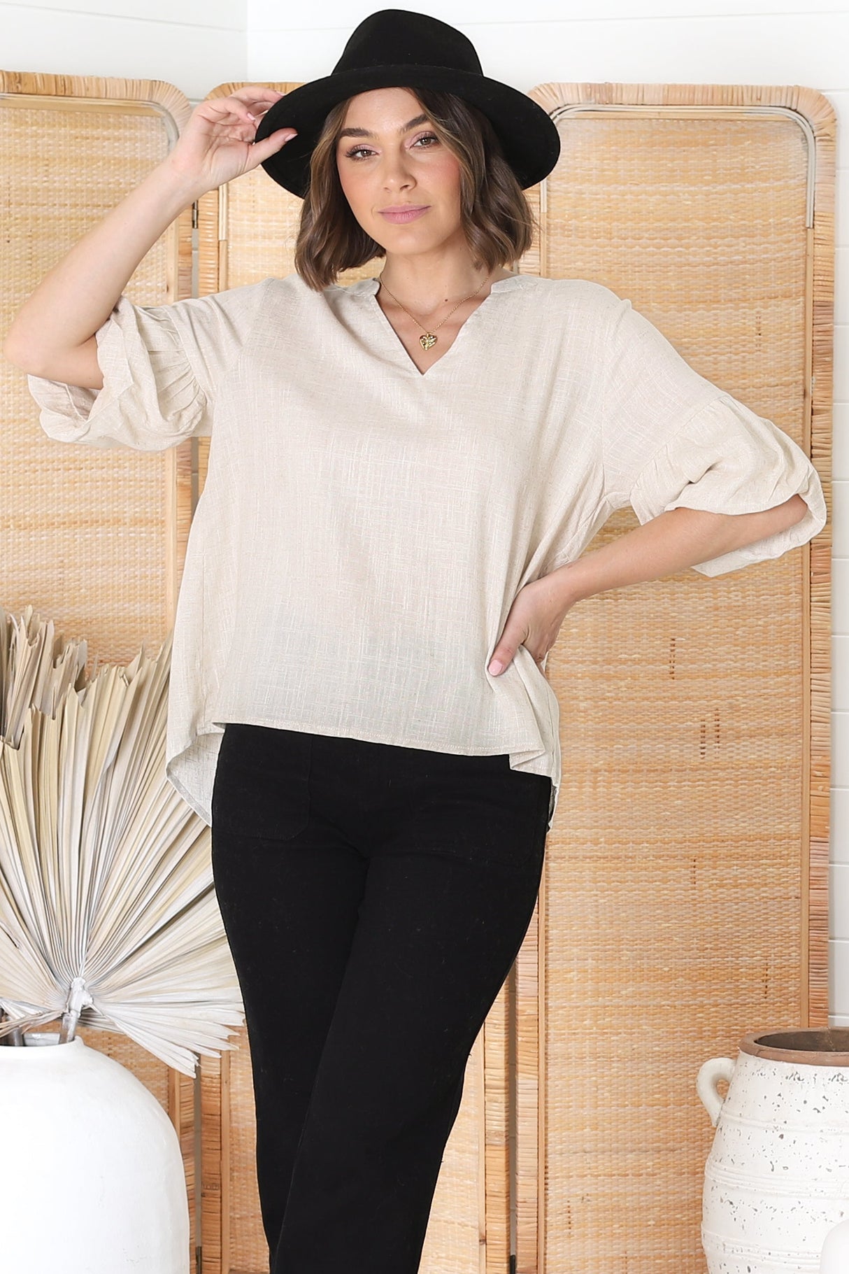 Melly Top - Cotton Blend V Neck Smock Top with Flute Sleeves in Cream