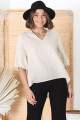 Melly Top - Cotton Blend V Neck Smock Top with Flute Sleeves in Cream