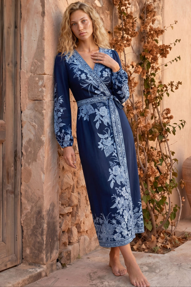Model wearing Carindi Midi Dress in Breakwater Print from Salty Crush