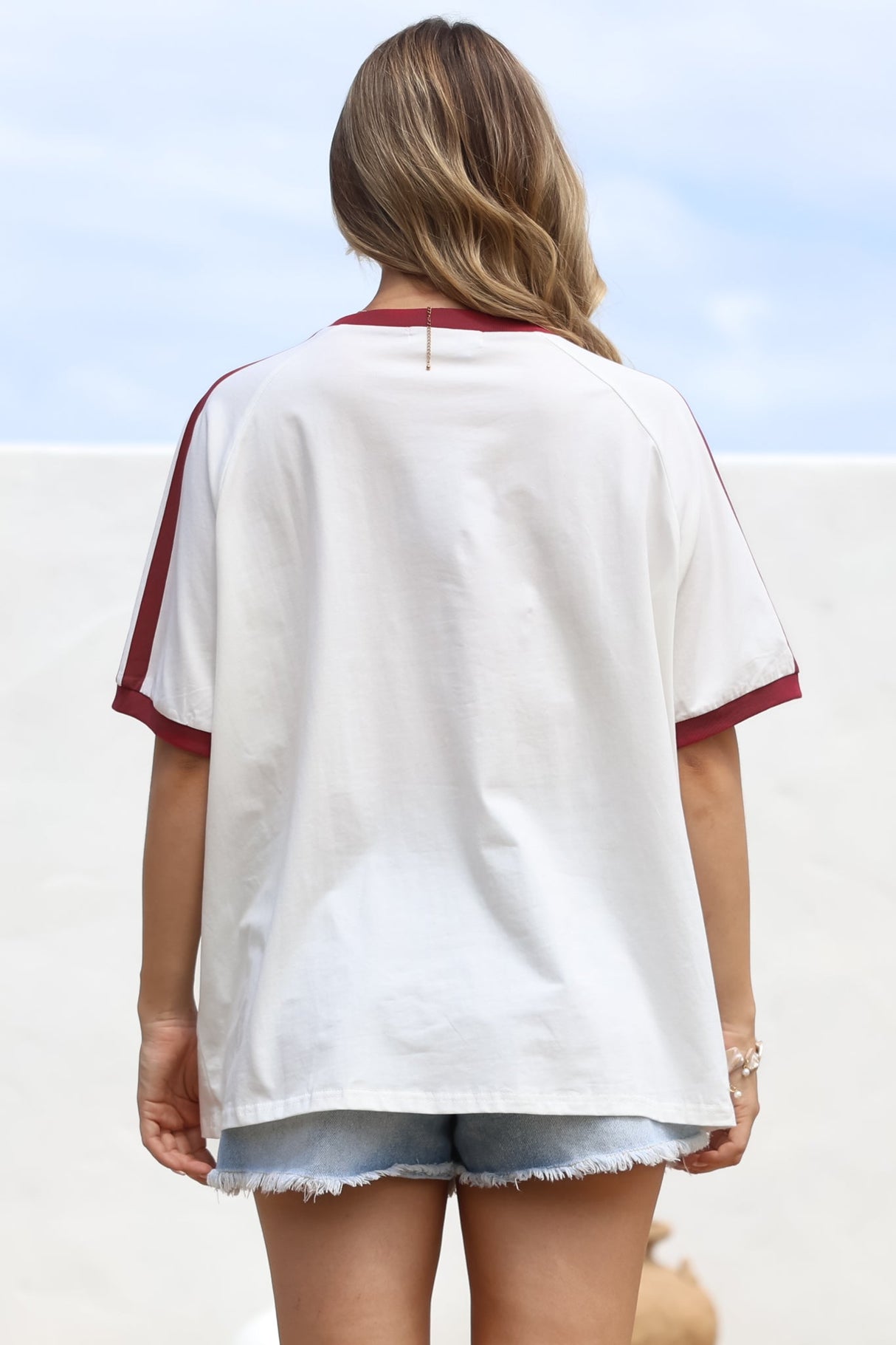 Mermaid Vino Club Tee - Graphic Print Short Sleeve T-Shirt with Racer Stripe Sleeves in White