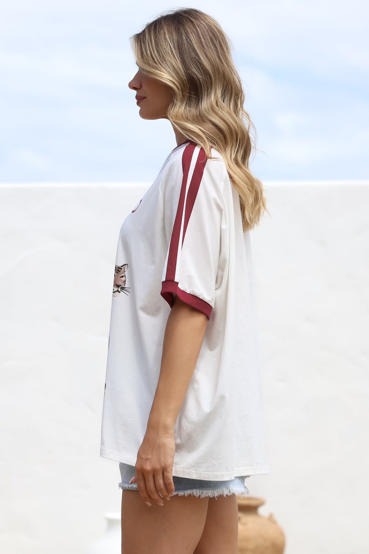 Mermaid Vino Club Tee - Graphic Print Short Sleeve T-Shirt with Racer Stripe Sleeves in White