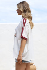 Mermaid Vino Club Tee - Graphic Print Short Sleeve T-Shirt with Racer Stripe Sleeves in White