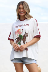 Mermaid Vino Club Tee - Graphic Print Short Sleeve T-Shirt with Racer Stripe Sleeves in White