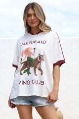 Mermaid Vino Club Tee - Graphic Print Short Sleeve T-Shirt with Racer Stripe Sleeves in White