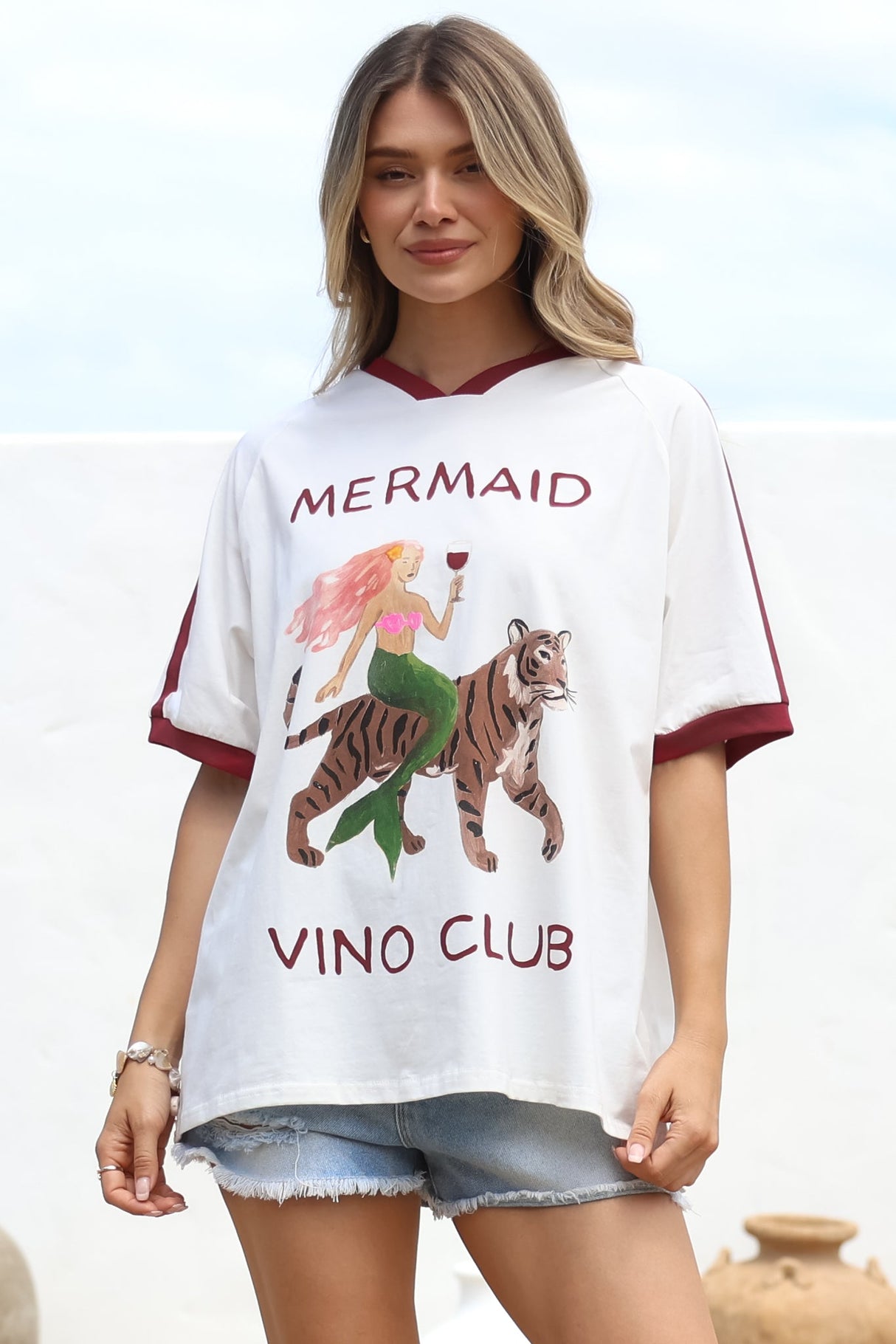 Mermaid Vino Club Tee - Graphic Print Short Sleeve T-Shirt with Racer Stripe Sleeves in White