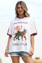 Mermaid Vino Club Tee - Graphic Print Short Sleeve T-Shirt with Racer Stripe Sleeves in White