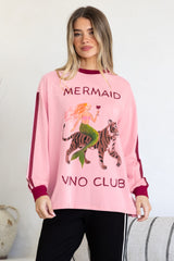 Mermaid Vino Long Sleeve Tee - Crew Neck Contrast Stripe Graphic T-Shirt in Pink