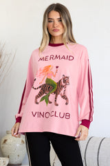 Mermaid Vino Long Sleeve Tee - Crew Neck Contrast Stripe Graphic T-Shirt in Pink