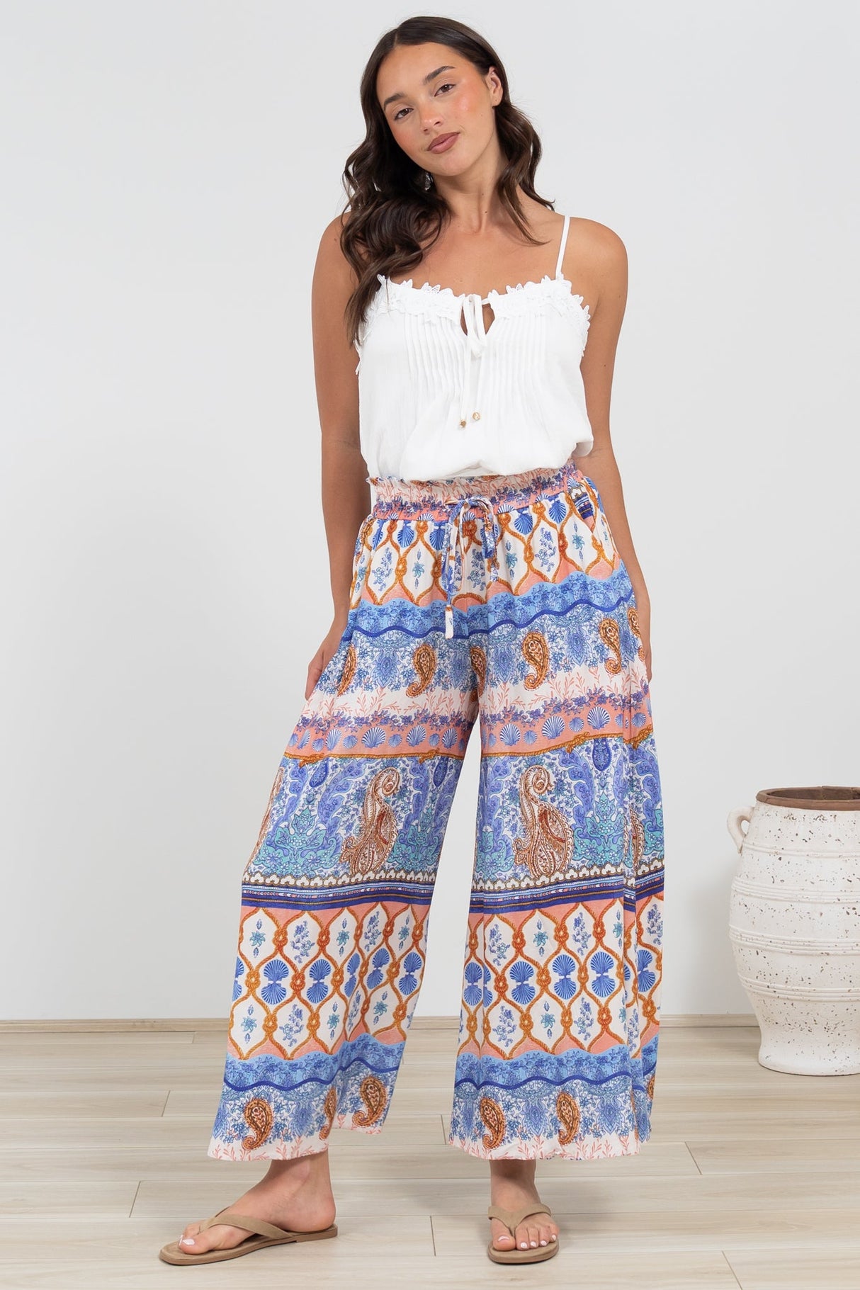 Mezza Pants - Paper Bag High Waisted Wide Leg Pants in Belly Print