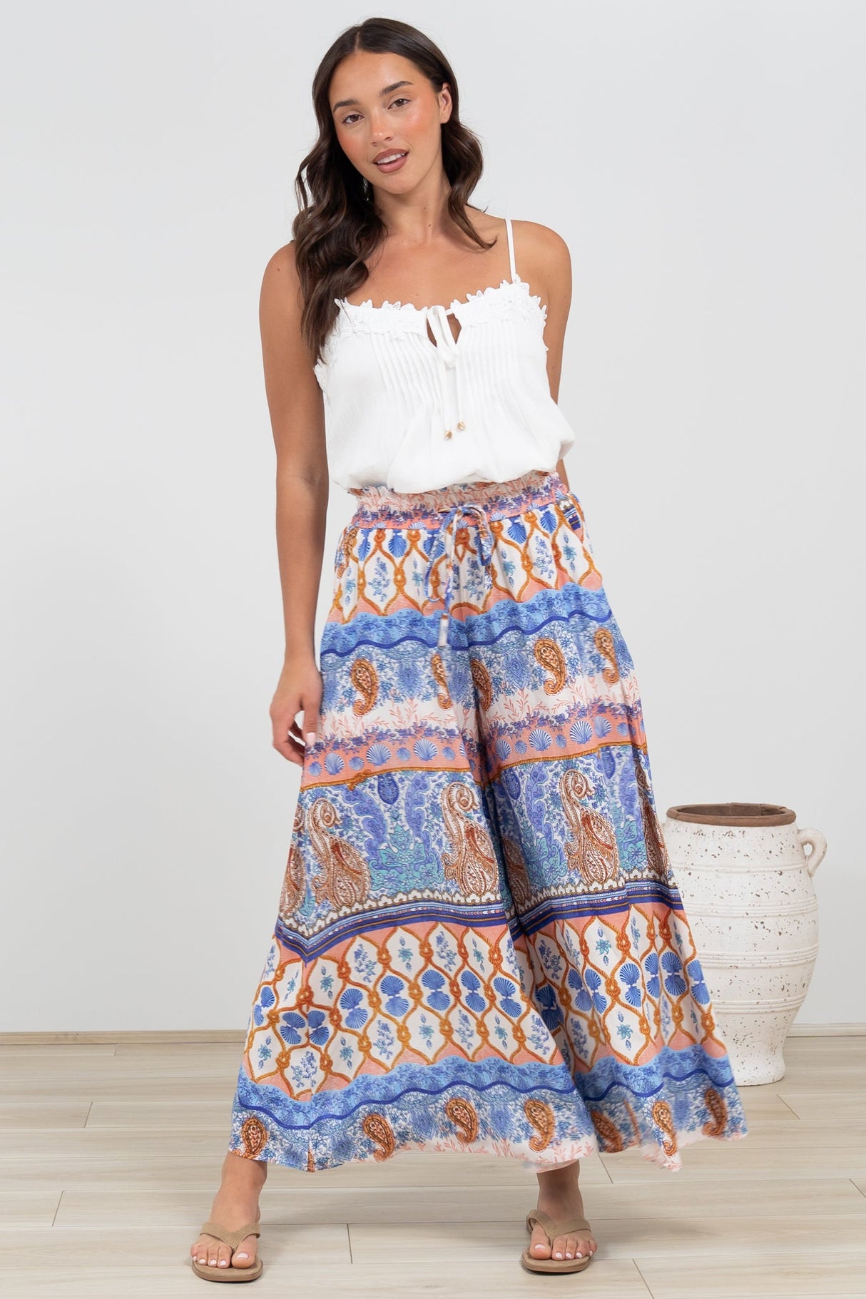 Mezza Pants - Paper Bag High Waisted Wide Leg Pants in Belly Print