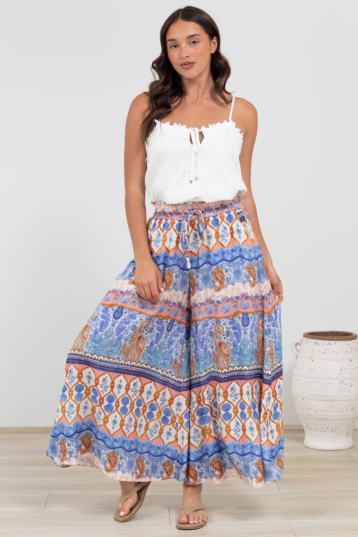 Mezza Pants - Paper Bag High Waisted Wide Leg Pants in Belly Print