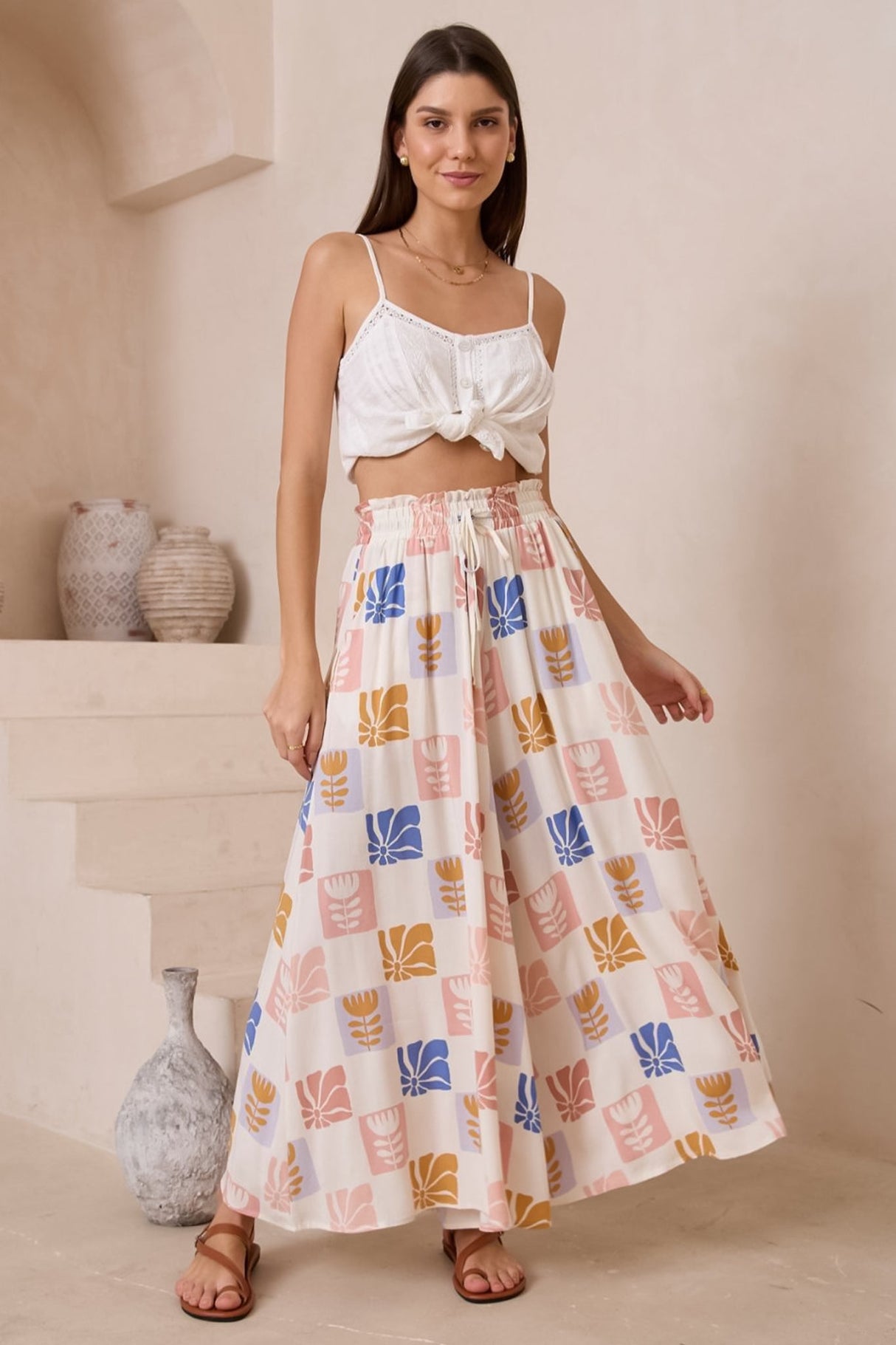 Mezza Pants - Paper Bag High Waisted Wide Leg Pant In Emalee Print