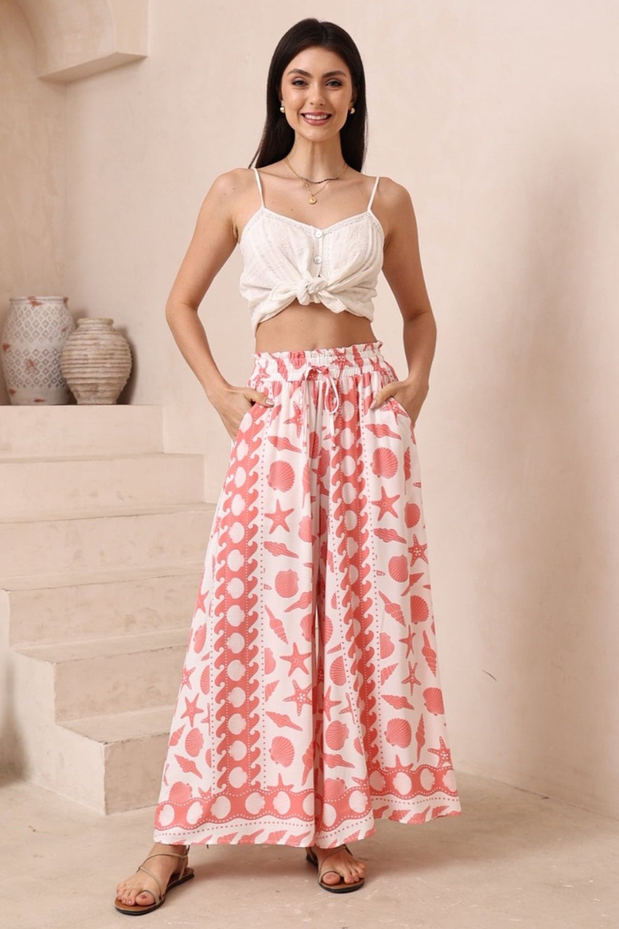 Mezza Pants - Paper Bag High Waisted Wide Leg Pant In Koralee Print