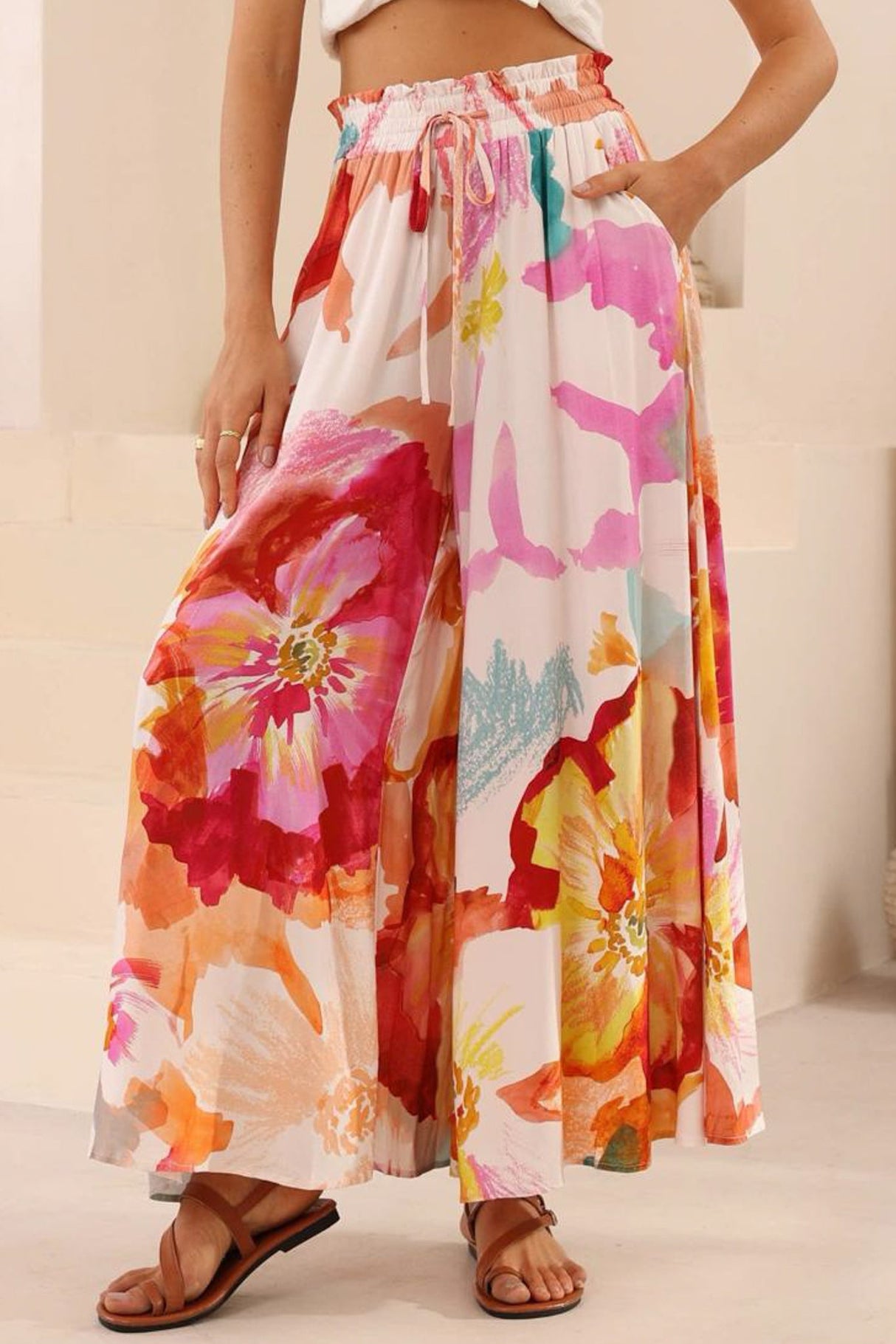 Mezza Pants - Paper Bag High Waisted Wide Leg Pants in Millie Print
