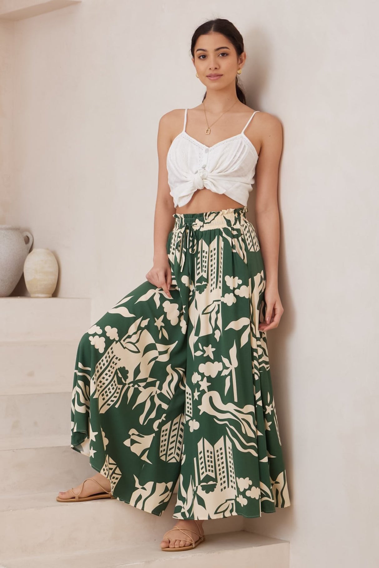 Mezza Pants - Paper Bag High Waisted Wide Leg Pant In Salt Lake Print Green