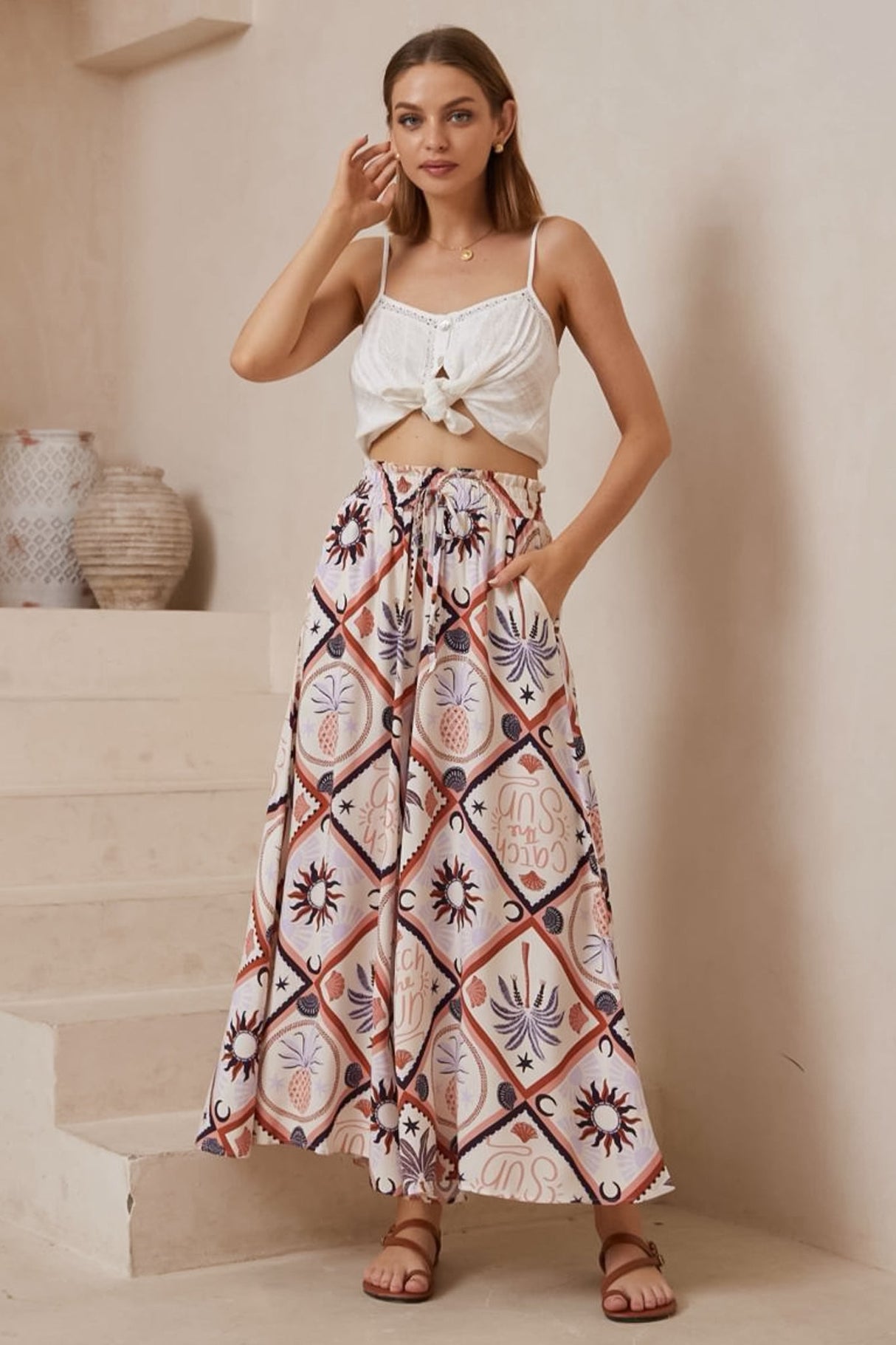 Mezza Pants - Paper Bag High Waisted Wide Leg Pant In Zaidin Print