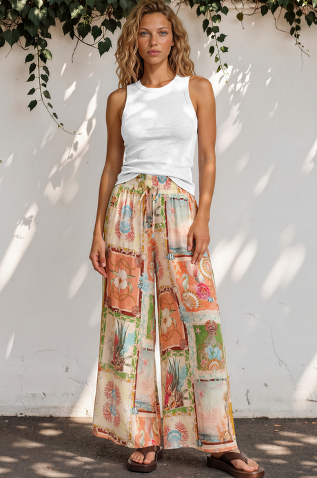 Model wearing Mezza Pants in Iluka Print from Salty Crush