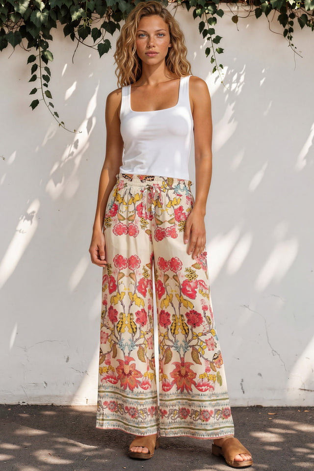 Model wearing Mezza Pants in Sweet Tea Print from Salty Crush
