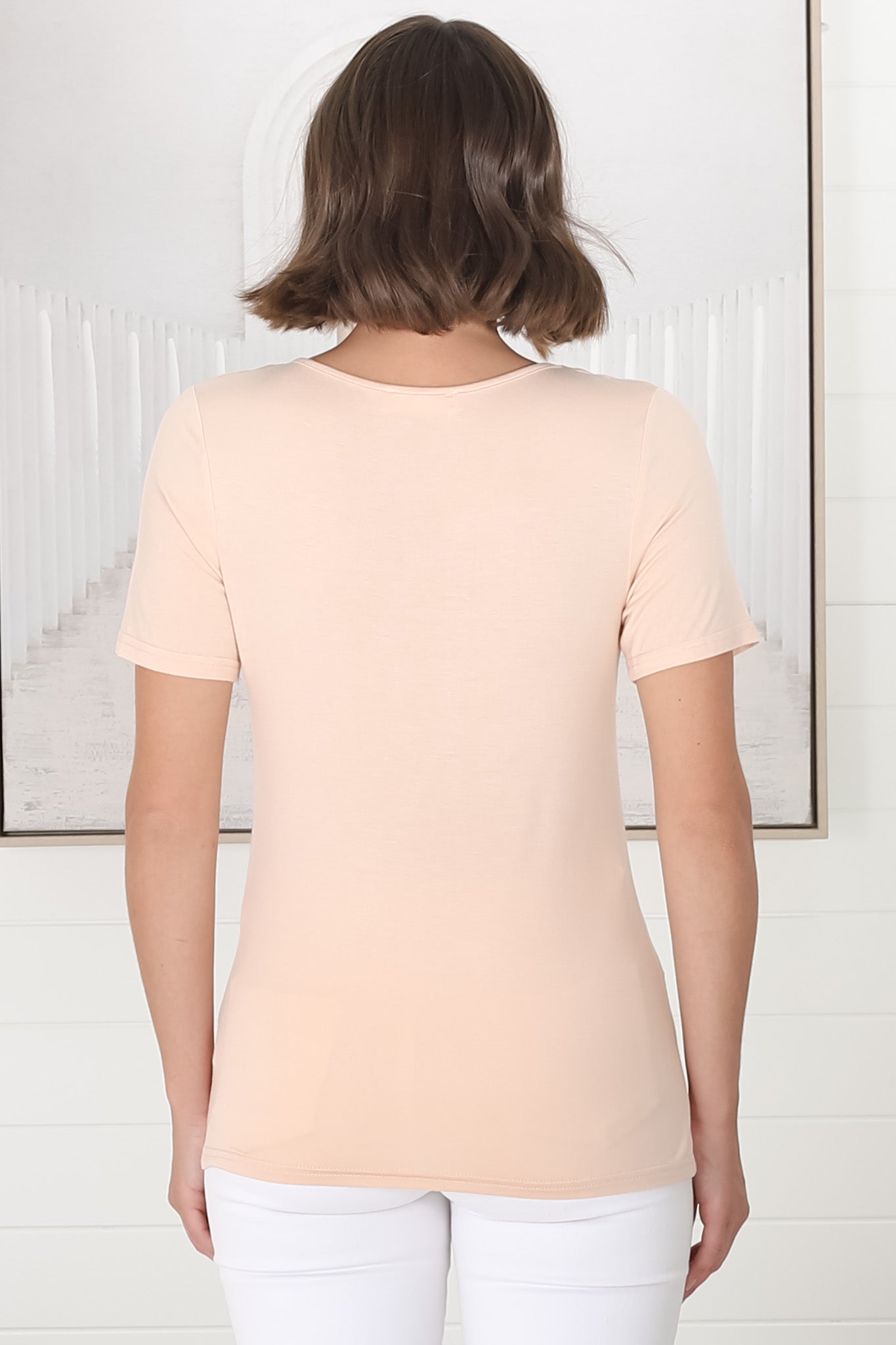 Mia T-Shirt - Soft V Neck Stretchy Tee in Beige