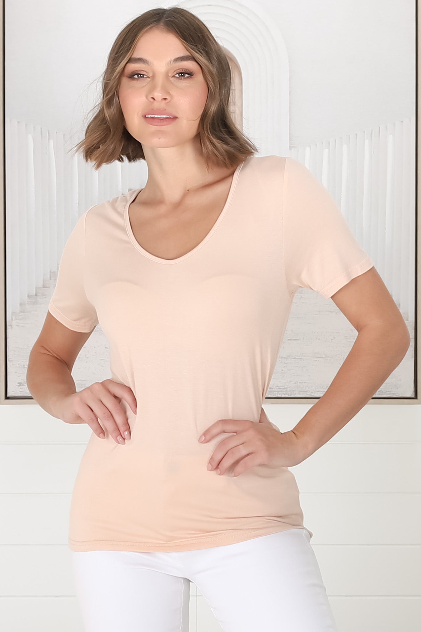 Mia T-Shirt - Soft V Neck Stretchy Tee in Beige