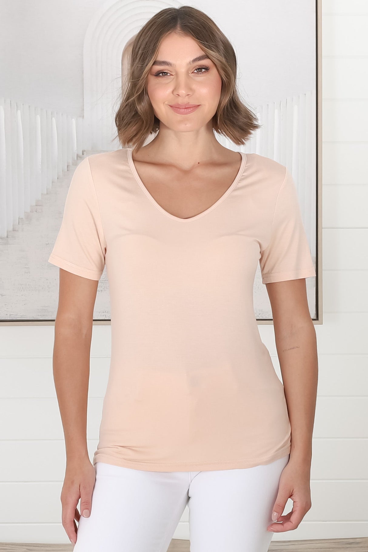 Mia T-Shirt - Soft V Neck Stretchy Tee in Beige