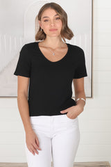 Mia T-Shirt - Soft V Neck Stretchy Tee in Black