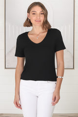 Mia T-Shirt - Soft V Neck Stretchy Tee in Black