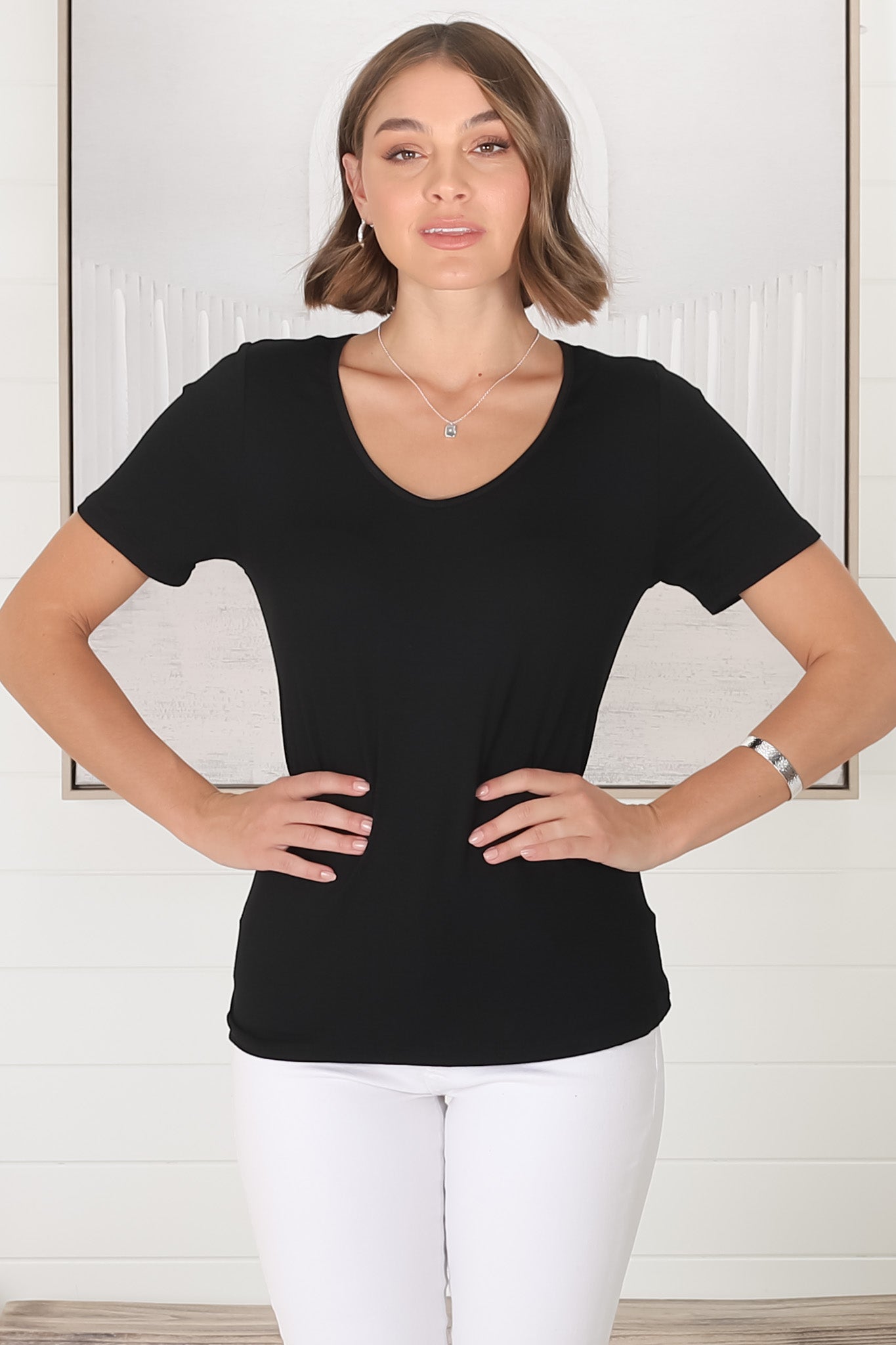 Mia T-Shirt - Soft V Neck Stretchy Tee in Black