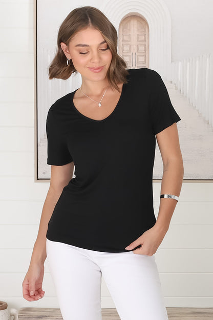 Mia T-Shirt - Soft V Neck Stretchy Tee in Black