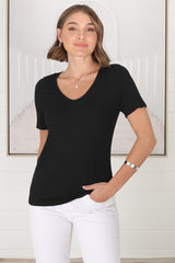 Mia T-Shirt - Soft V Neck Stretchy Tee in Black