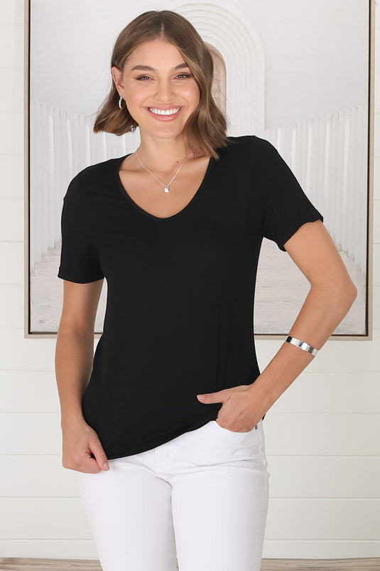 Mia T-Shirt - Soft V Neck Stretchy Tee in Black