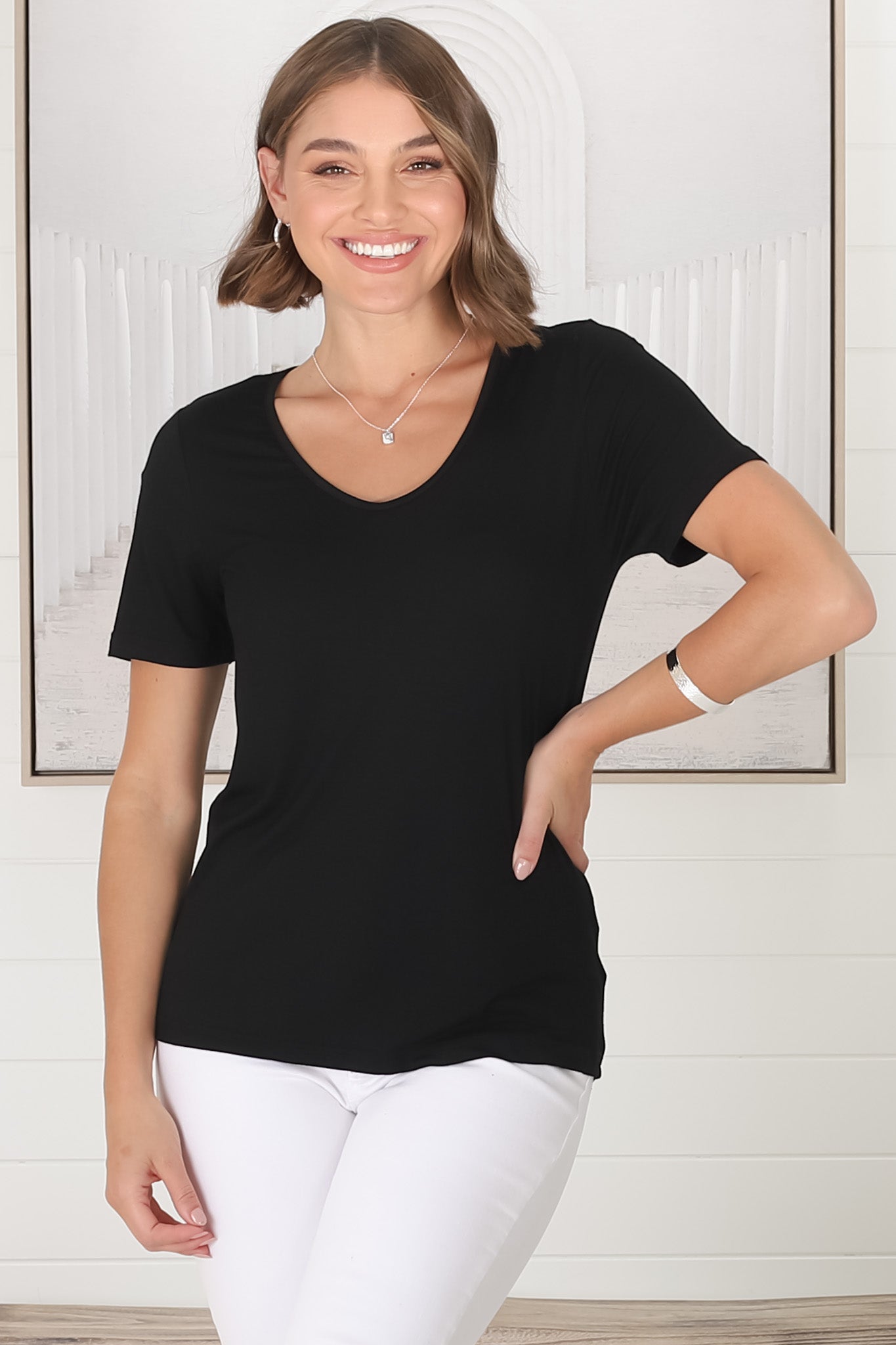 Mia T-Shirt - Soft V Neck Stretchy Tee in Black