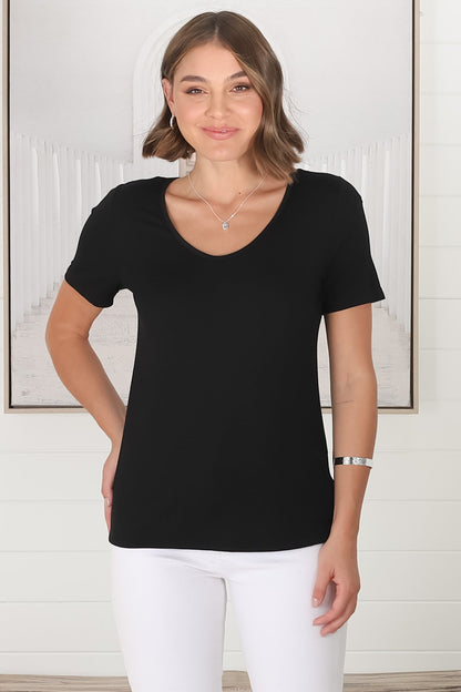 Mia T-Shirt - Soft V Neck Stretchy Tee in Black