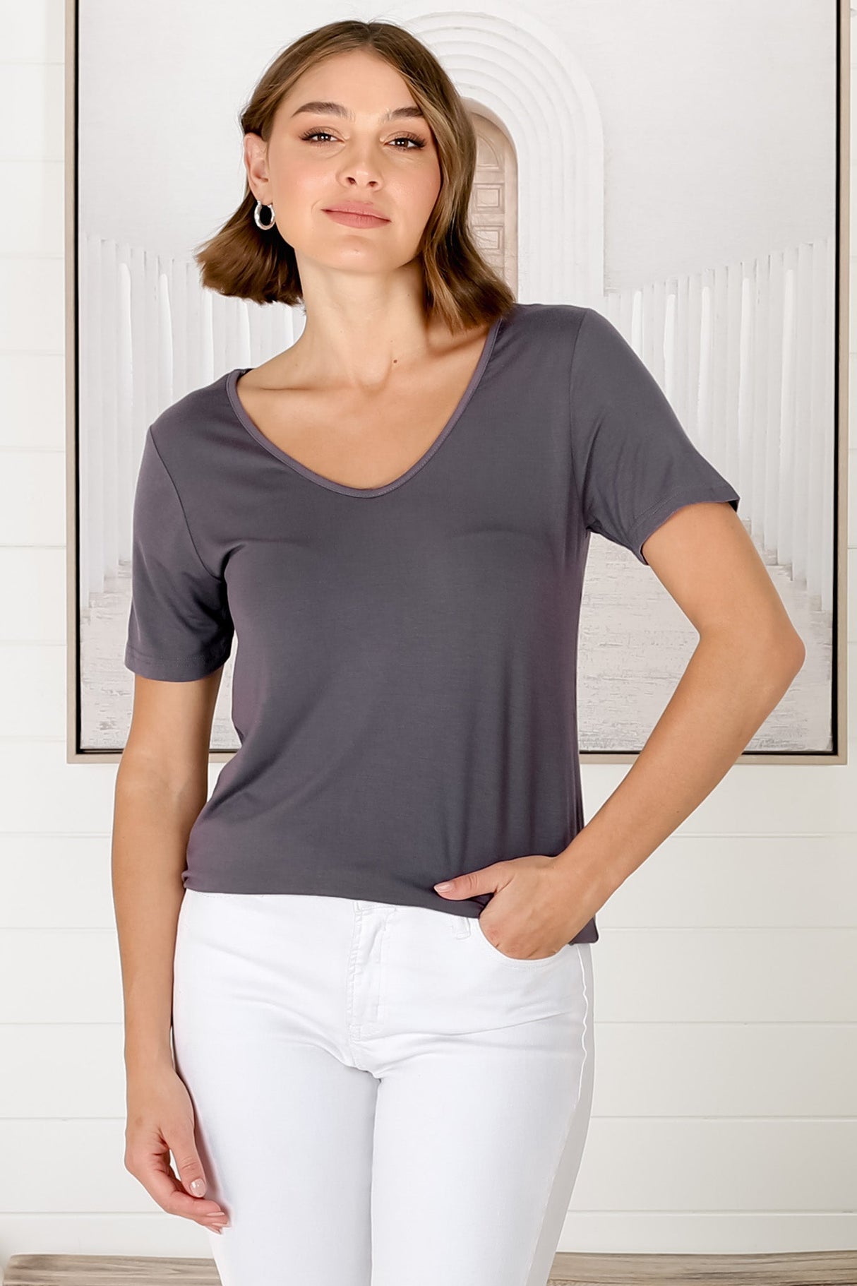 Mia T-Shirt - Soft V Neck Stretchy Tee in Grey