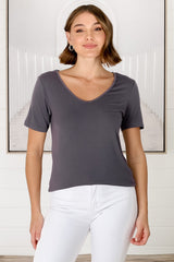 Mia T-Shirt - Soft V Neck Stretchy Tee in Grey