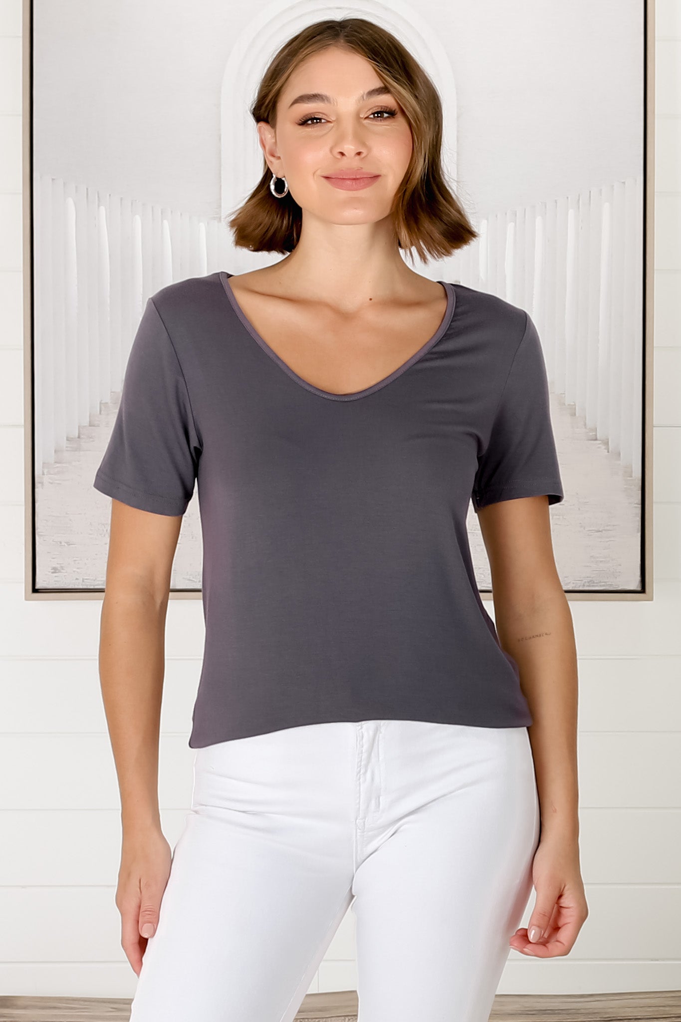 Mia T-Shirt - Soft V Neck Stretchy Tee in Grey
