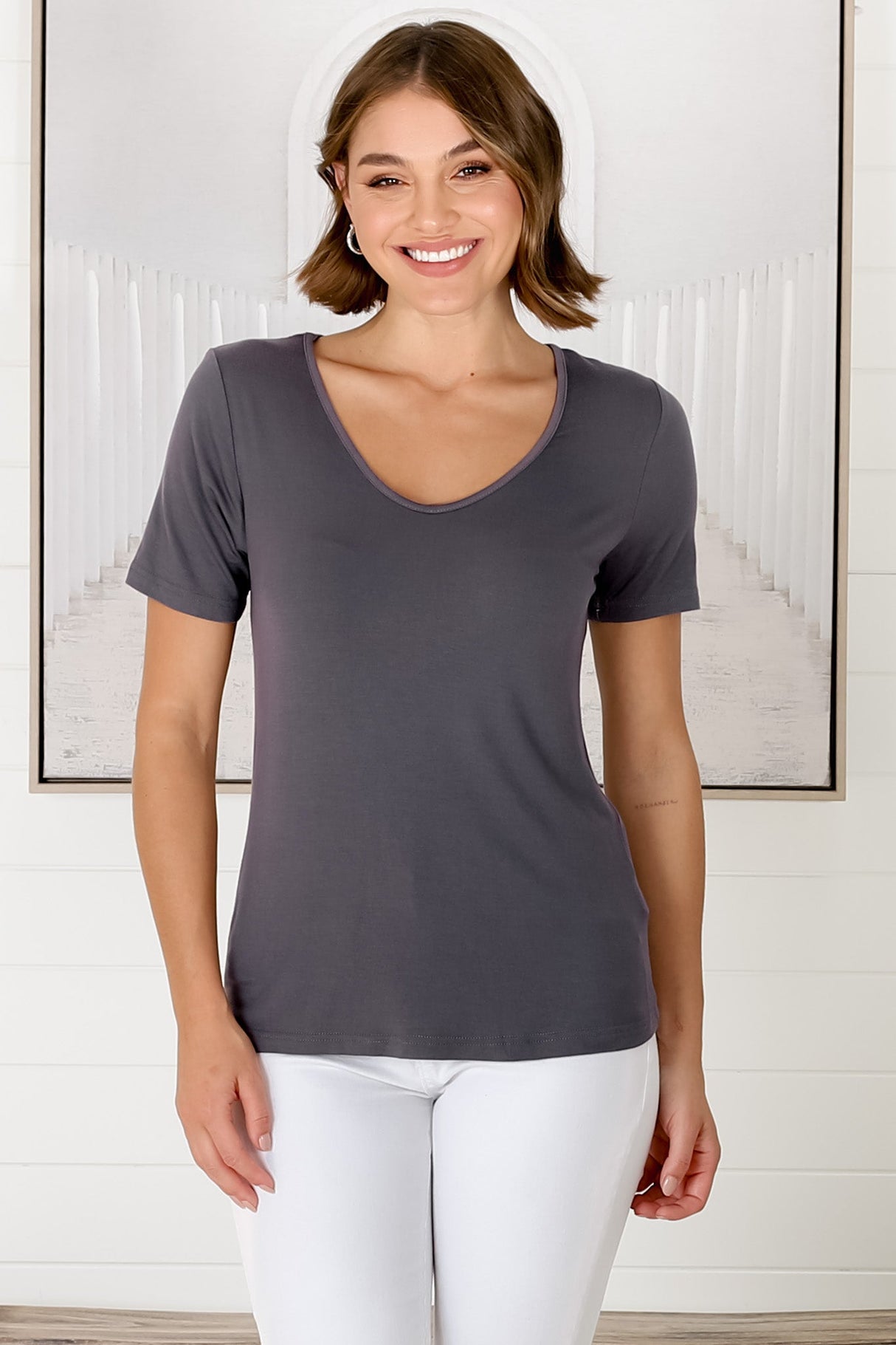 Mia T-Shirt - Soft V Neck Stretchy Tee in Grey