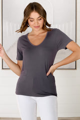 Mia T-Shirt - Soft V Neck Stretchy Tee in Grey