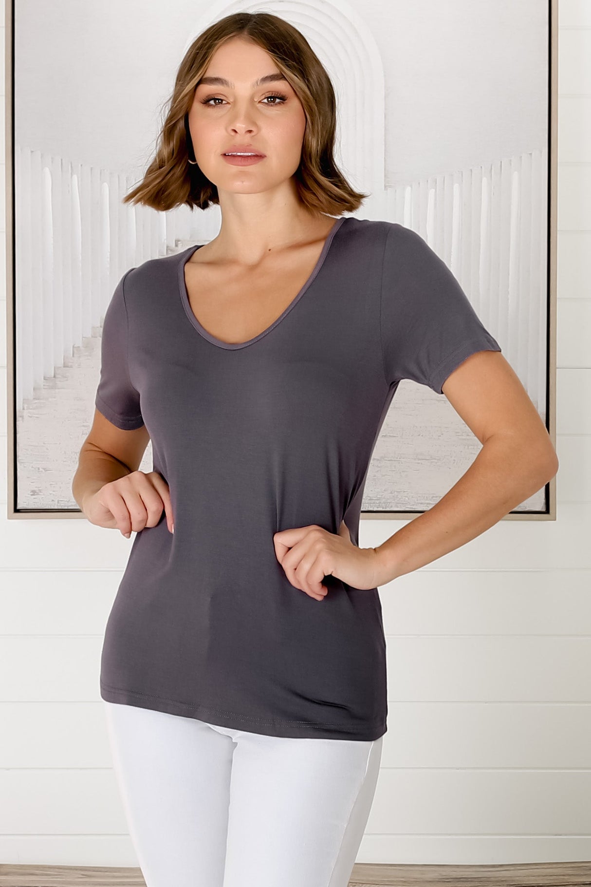 Mia T-Shirt - Soft V Neck Stretchy Tee in Grey