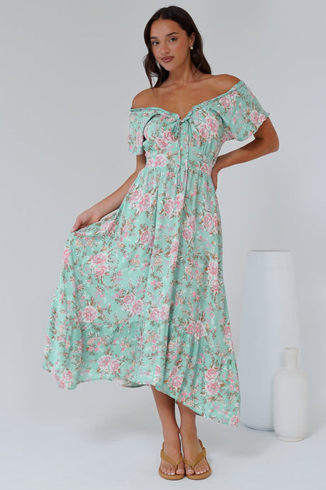 Micalea Midi Dress - On or Off Shoulder Tie Back A Line Dress in Seeka Print