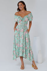 Micalea Midi Dress - On or Off Shoulder Tie Back A Line Dress in Seeka Print