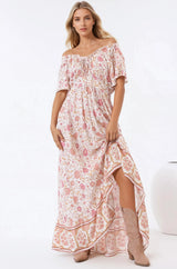 Micalea Midi Dress - On or Off Shoulder Tie Back A Line Dress in Stacey Print