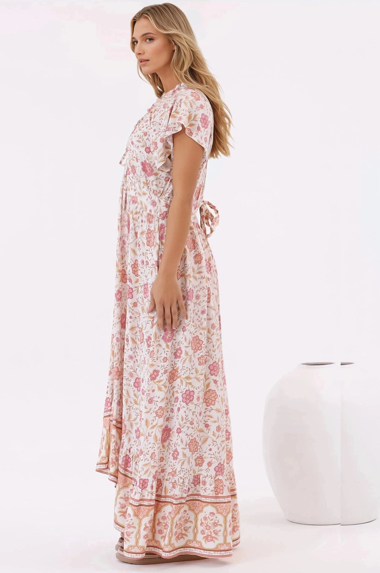 Micalea Midi Dress - On or Off Shoulder Tie Back A Line Dress in Stacey Print