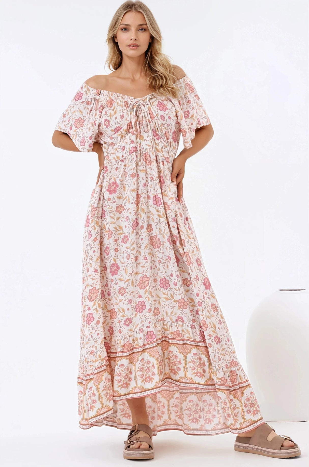 Micalea Midi Dress - On or Off Shoulder Tie Back A Line Dress in Stacey Print