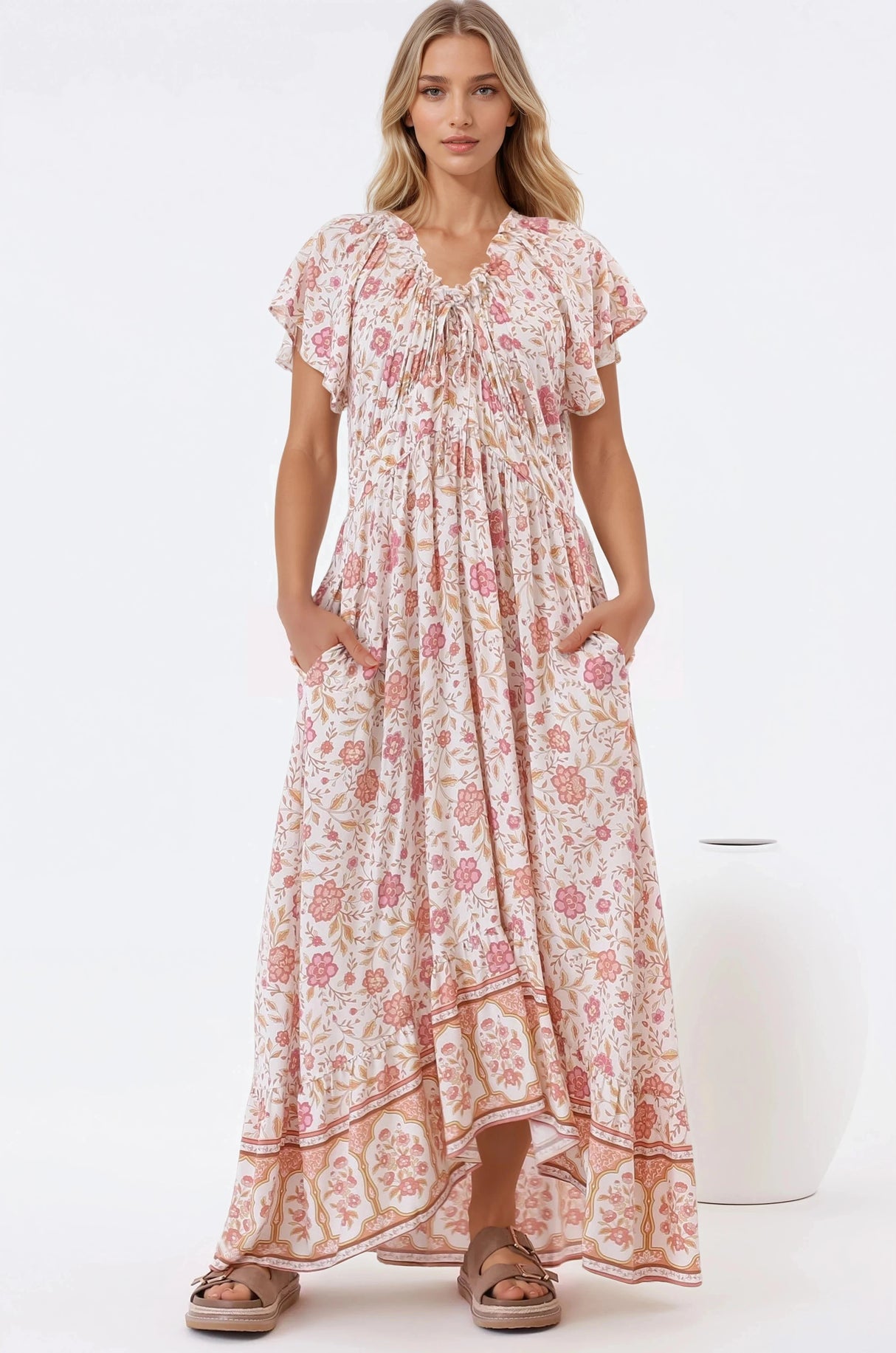 Micalea Midi Dress - On or Off Shoulder Tie Back A Line Dress in Stacey Print
