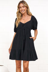 Michi Mini Dress - Sweetheart Neckline Mini with Tie Detail and Puff Sleeves in Black