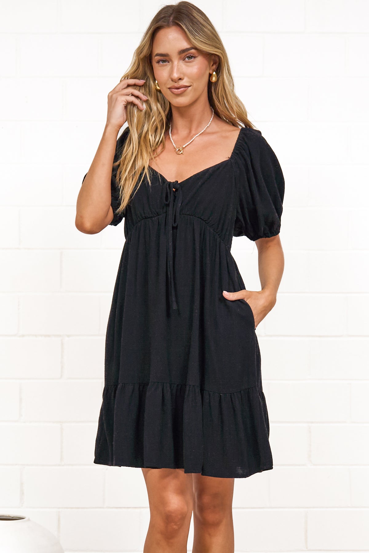 Michi Mini Dress - Sweetheart Neckline Mini with Tie Detail and Puff Sleeves in Black