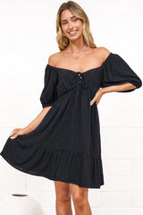 Michi Mini Dress - Sweetheart Neckline Mini with Tie Detail and Puff Sleeves in Black