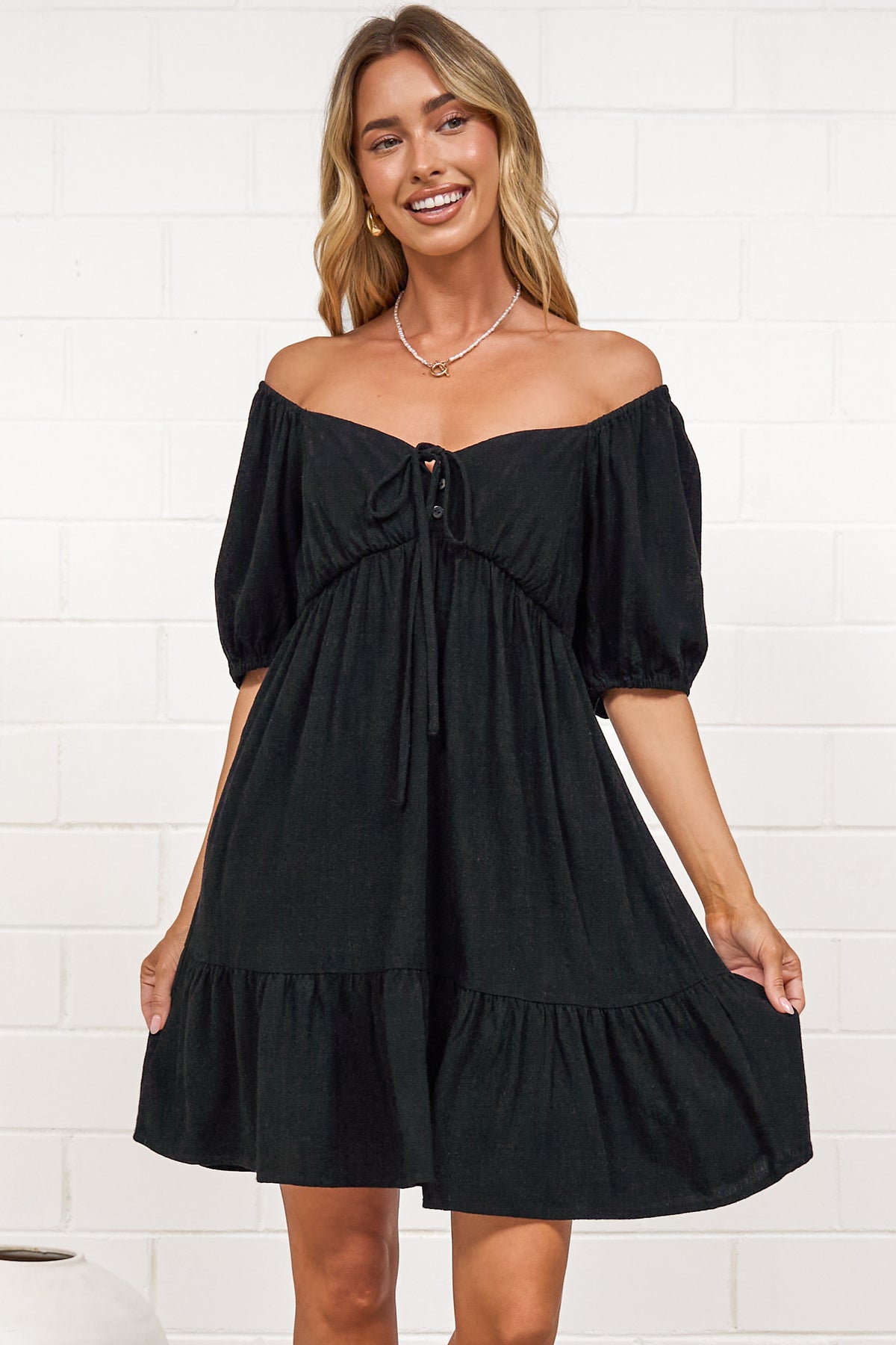 Michi Mini Dress - Sweetheart Neckline Mini with Tie Detail and Puff Sleeves in Black